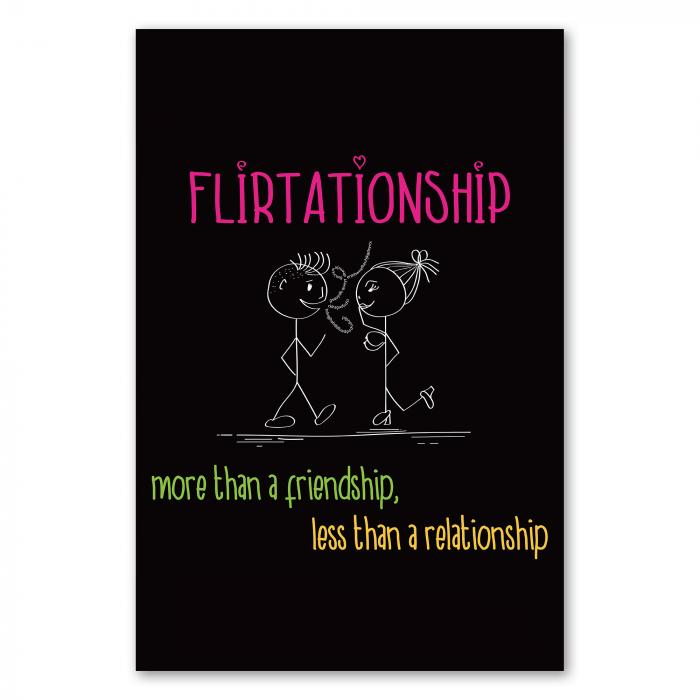 Lustige Strichmännchen-Zeichnung mit Flirt und Spruch: "Flirtationship - Mehr als Freundschaft, weniger als Beziehung."